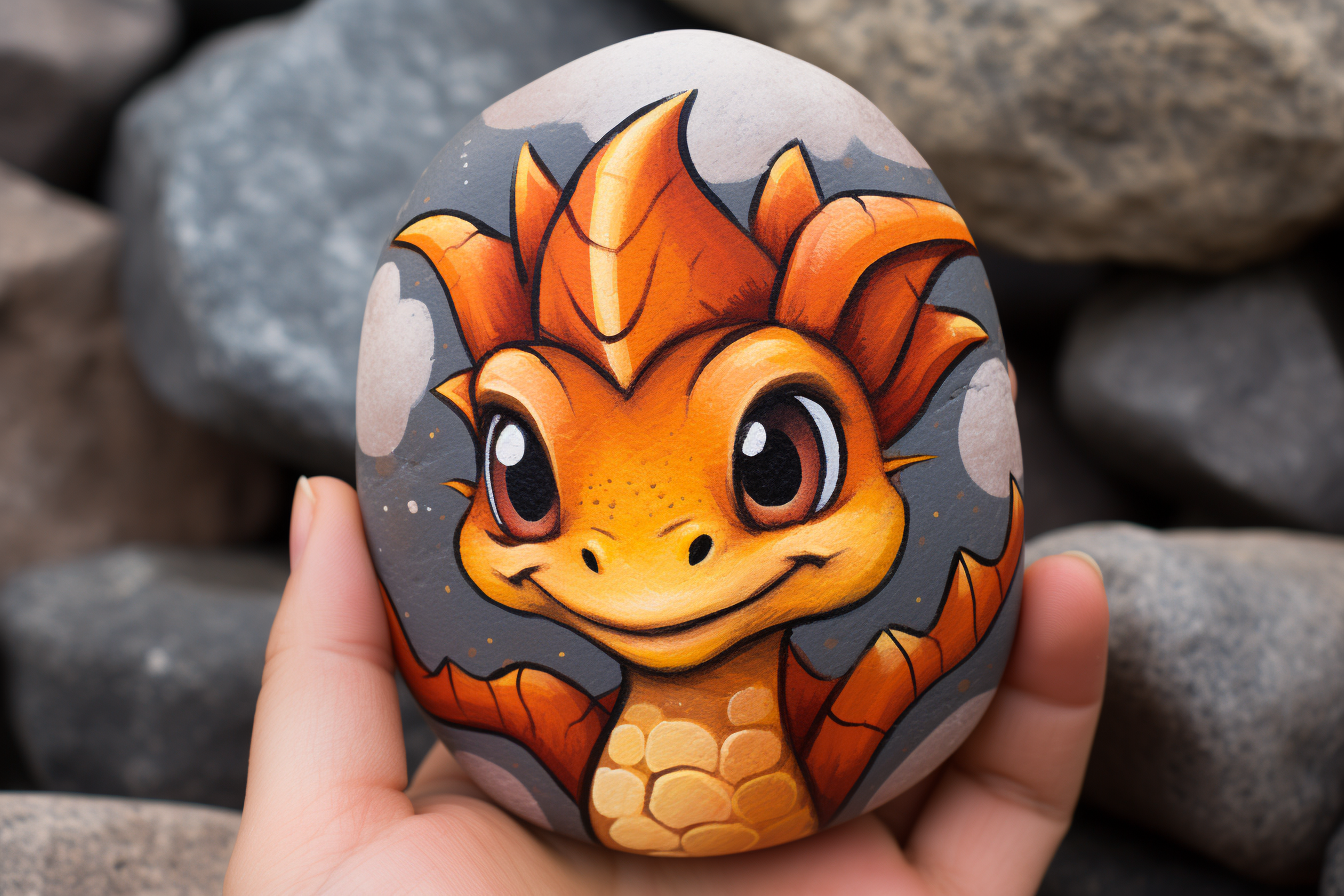 Close up of adorable baby dragon rock painting