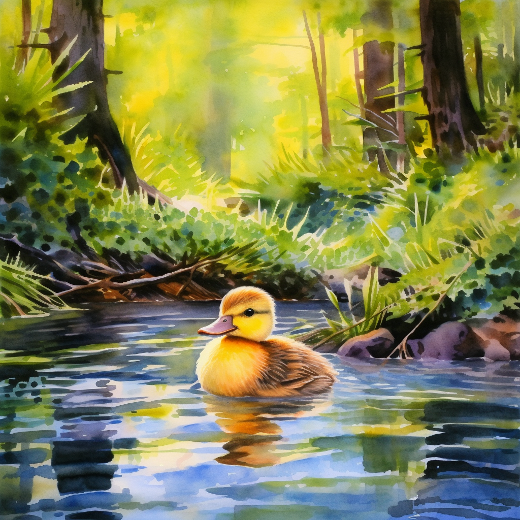 Yellow baby duckling in a pond surrounded by redwood trees