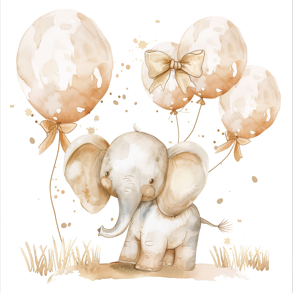 Baby elephant holding balloons and wearing bow