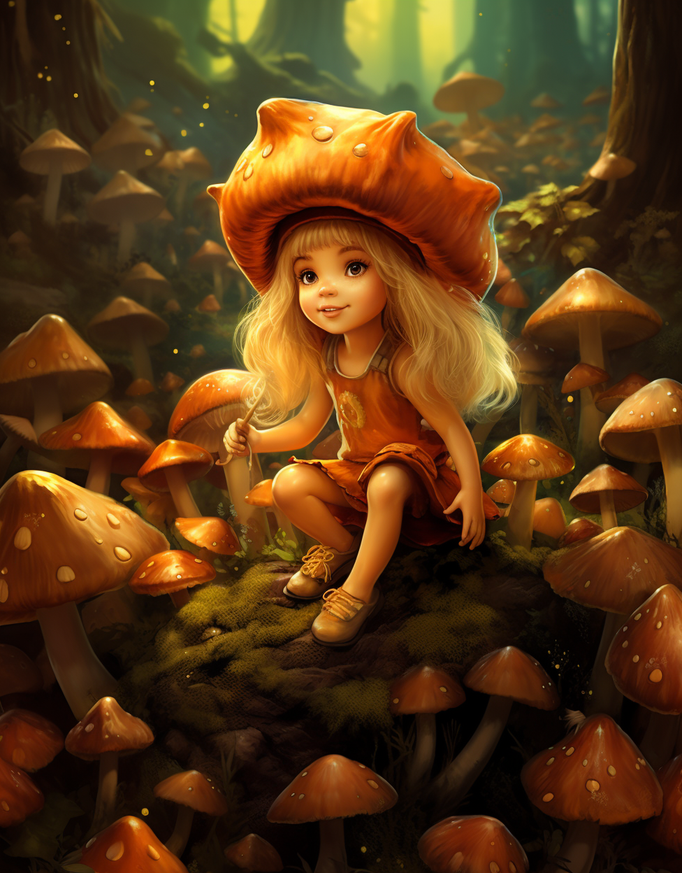 Baby fairy with mushroom wings in magical forest