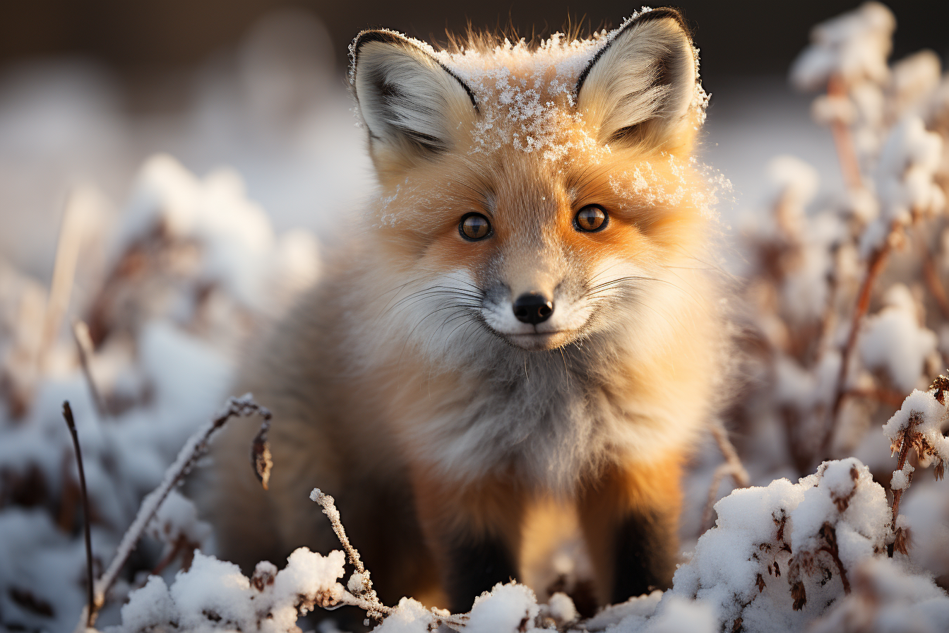 Adorable baby fox in snowy field