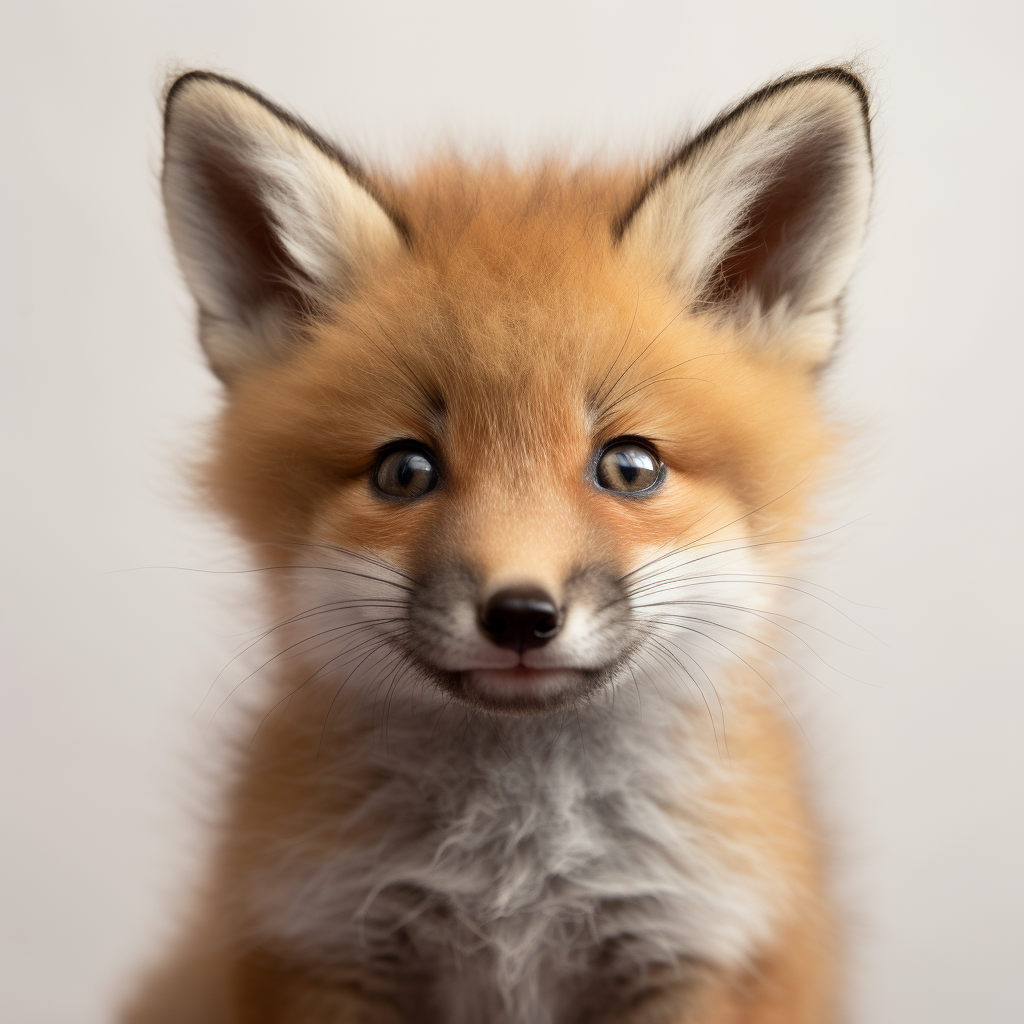 Cute baby fox on white grey background