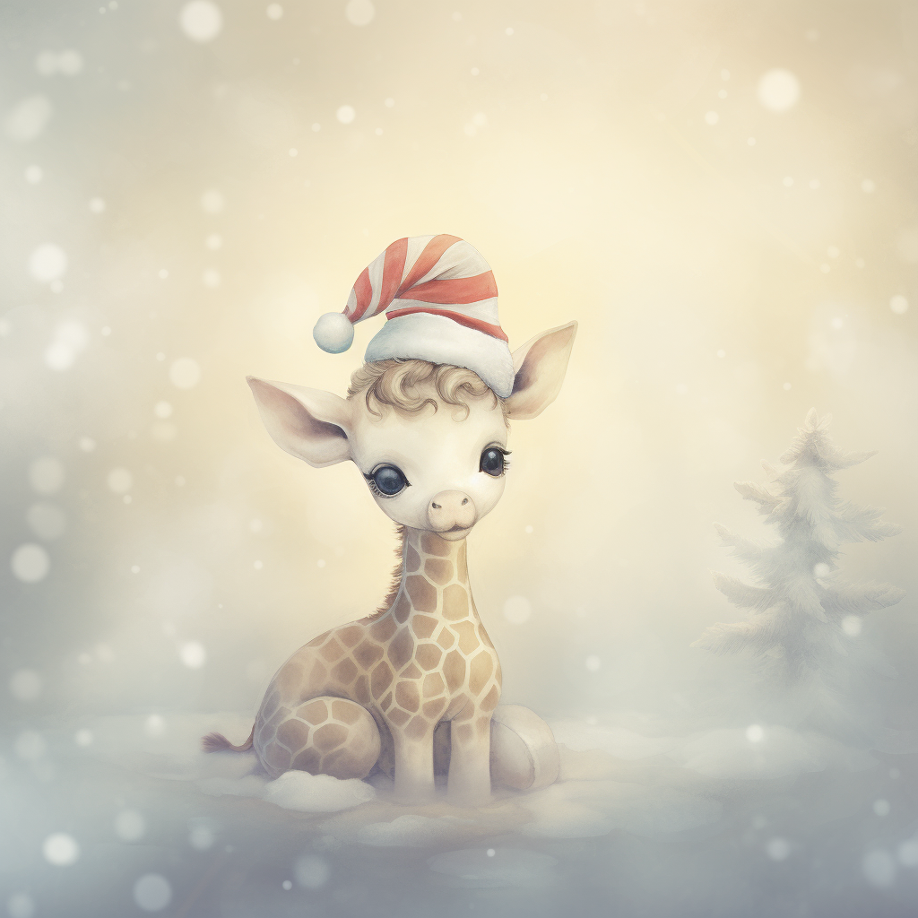 Adorable baby giraffe in Christmas hat