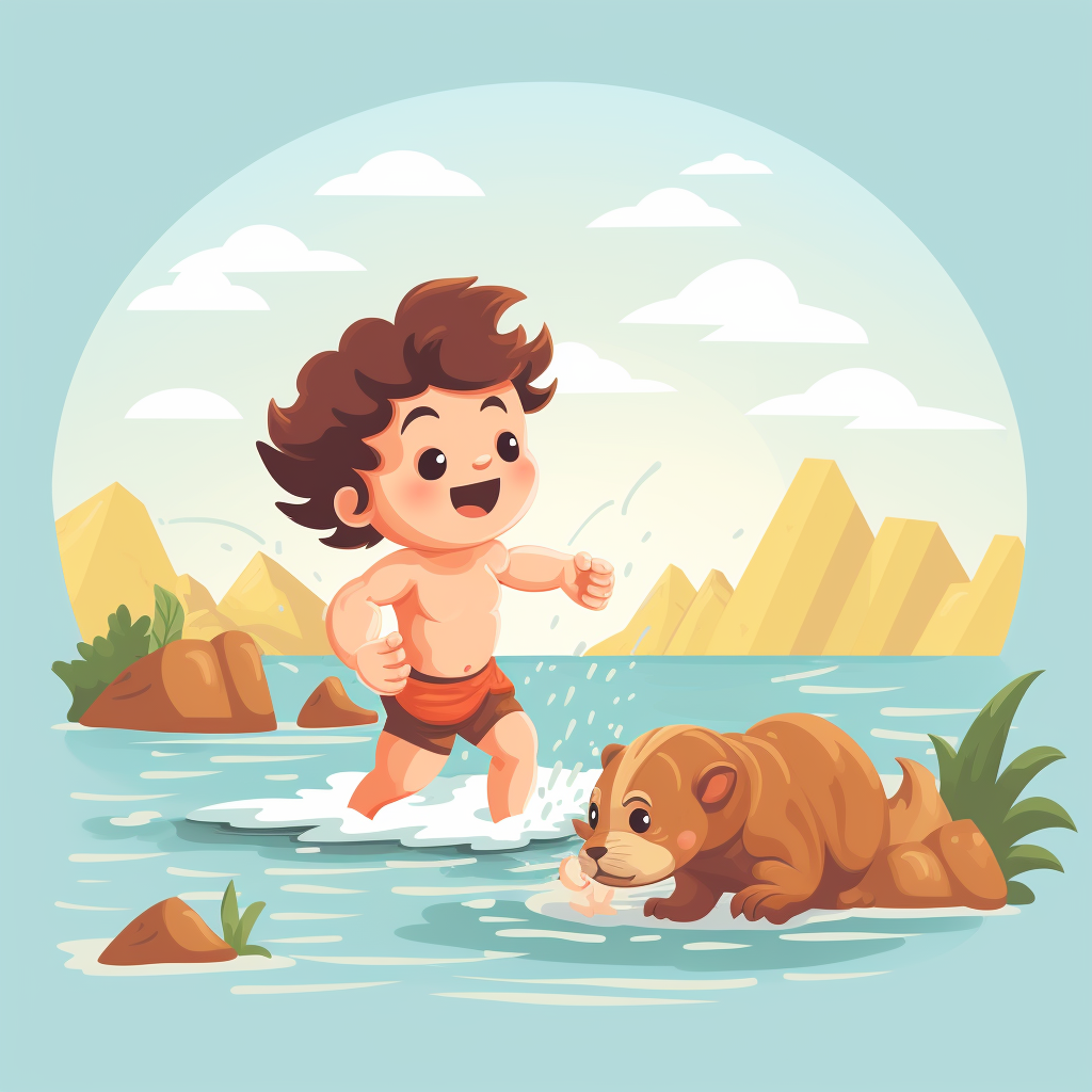 Baby Hercules wrestling river cute illustration