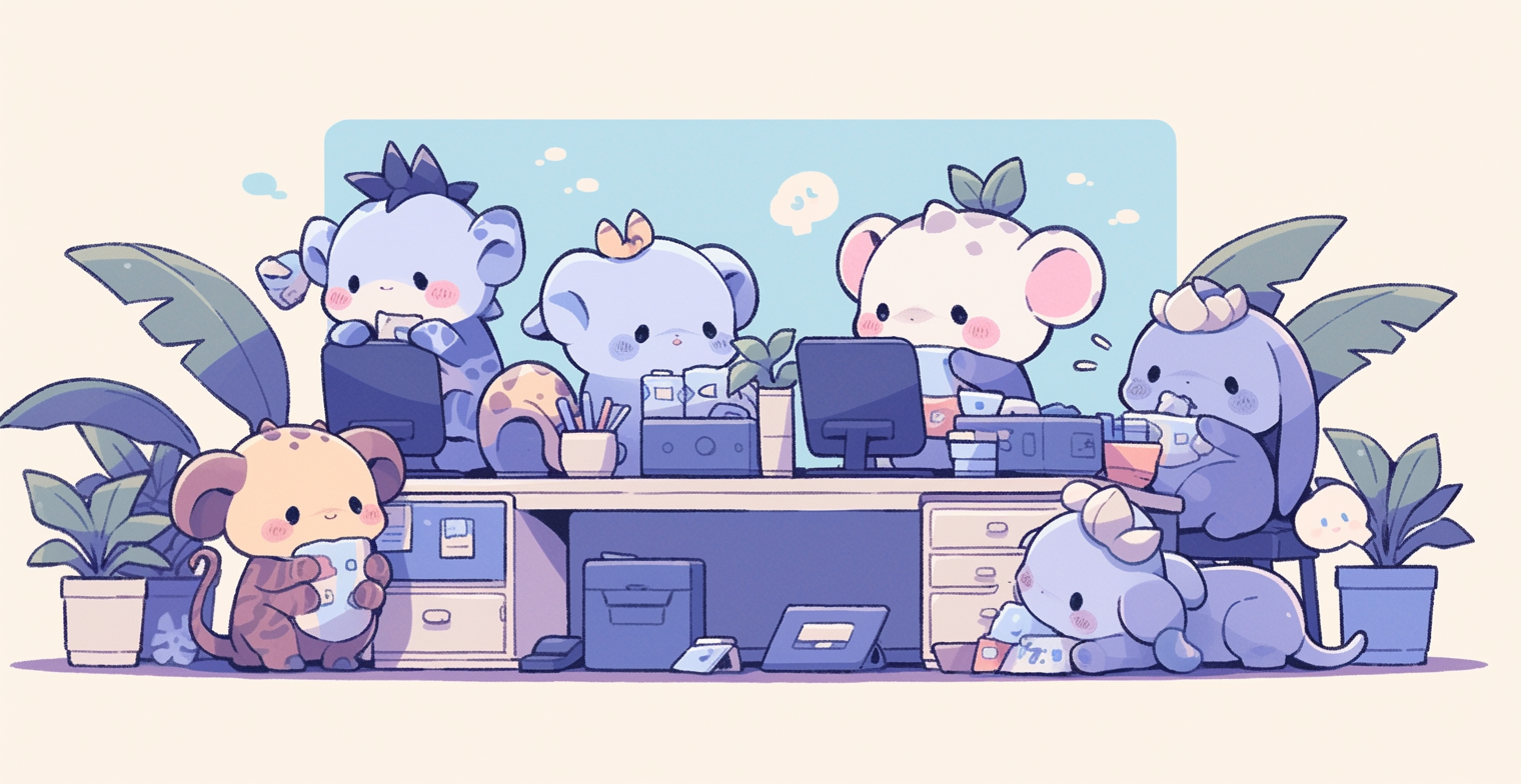 Cute baby jungle animals working in an office