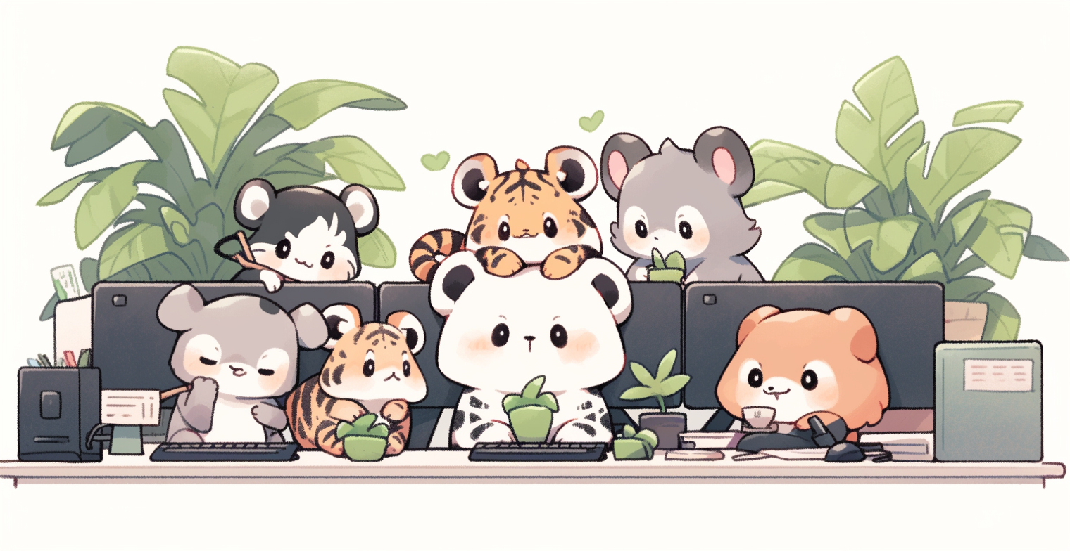 Cute baby jungle animals working in office