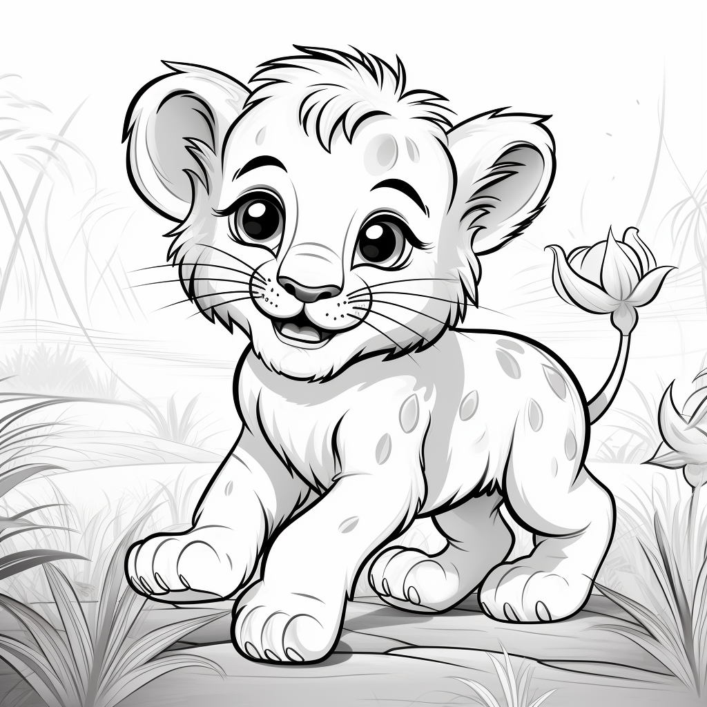 Cute baby lion playing coloring page