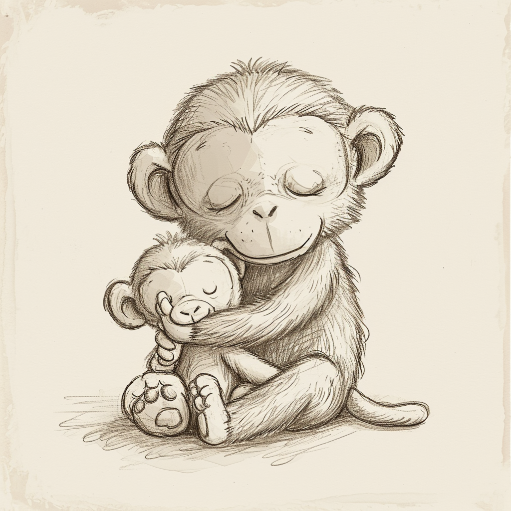 Adorable baby monkey hugging toy mother