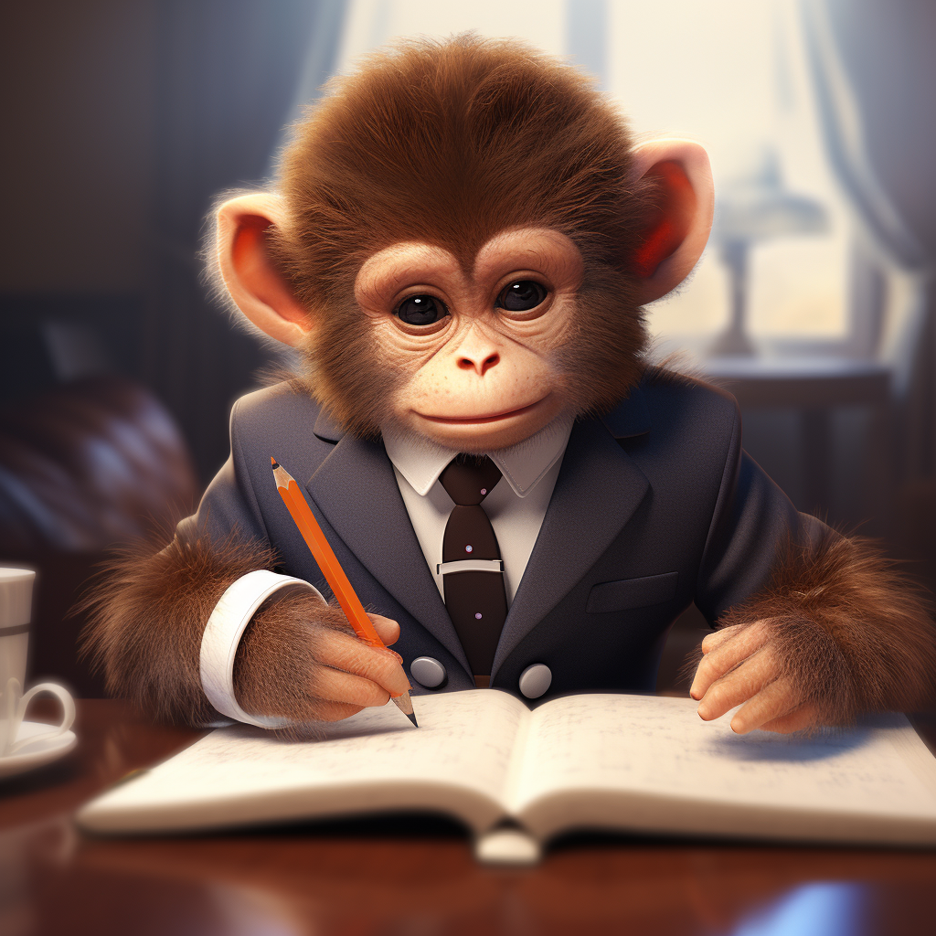 Cute baby monkey in a suit writing