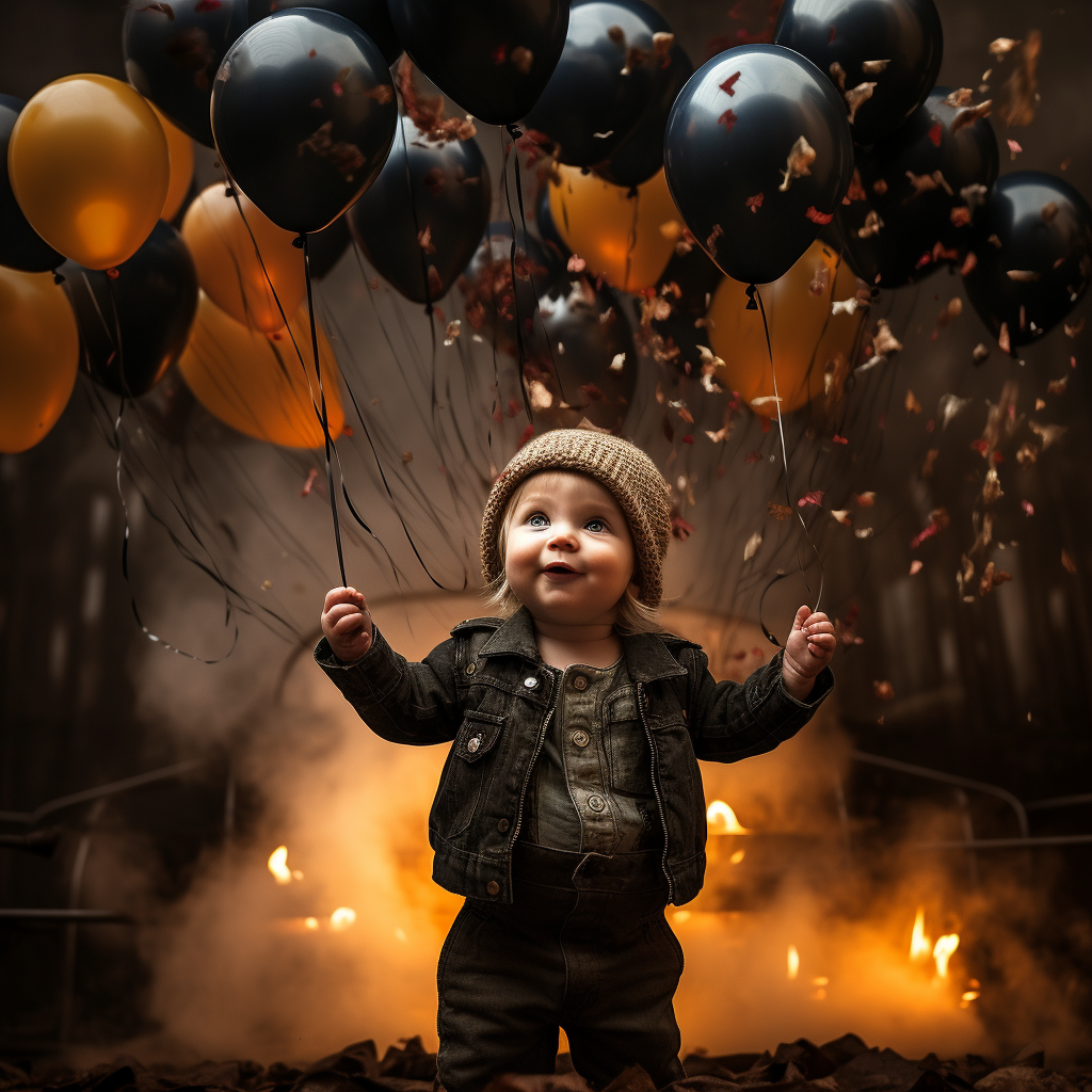 Baby musician with black balloons