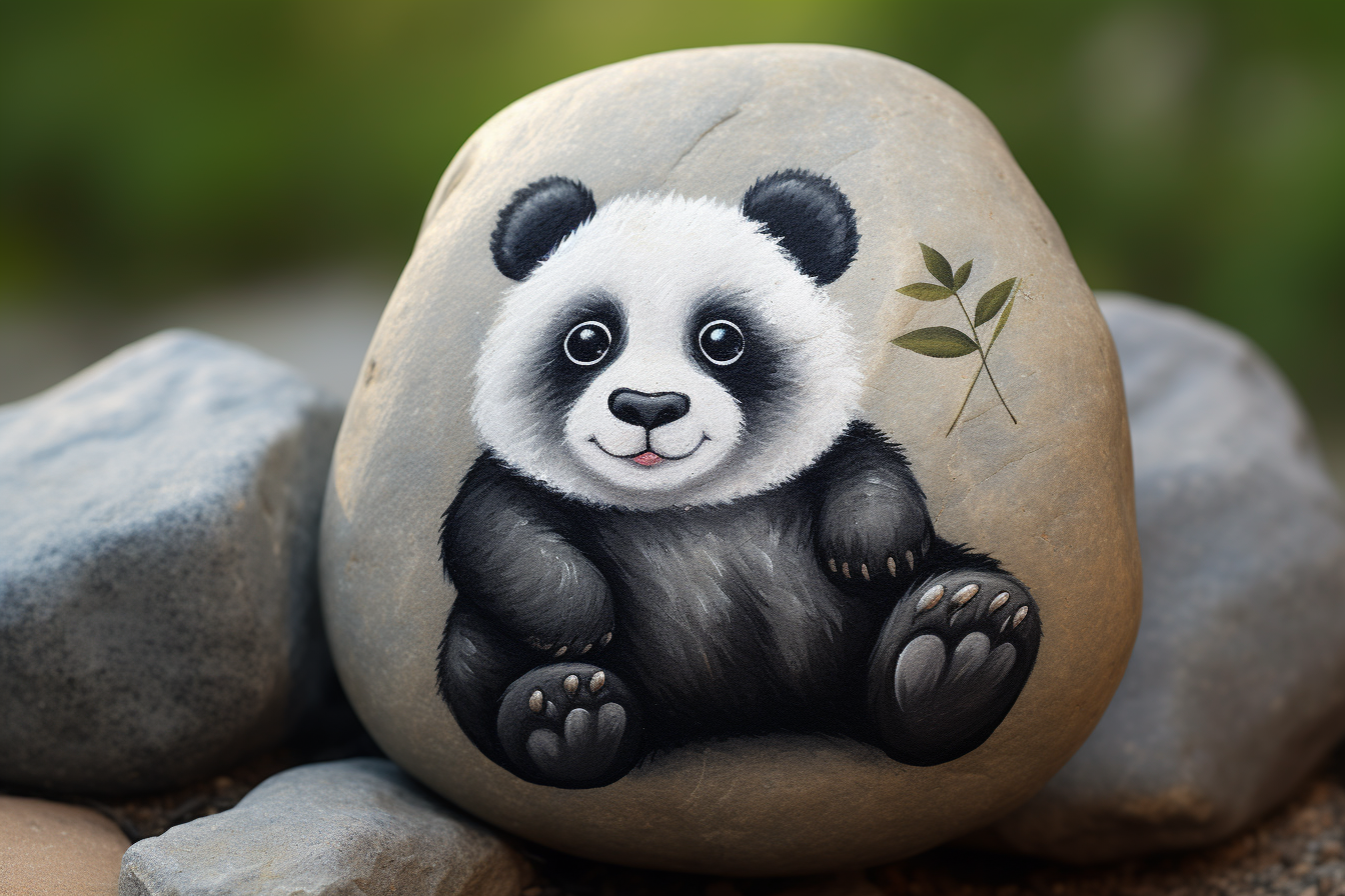 Close-up of adorable baby panda rock painting