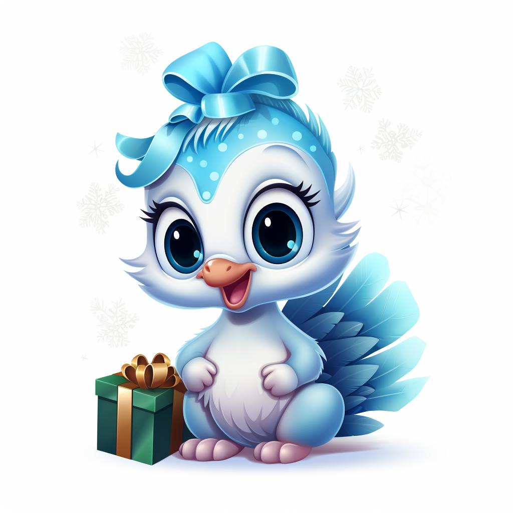 Cartoon baby peacock celebrating Christmas