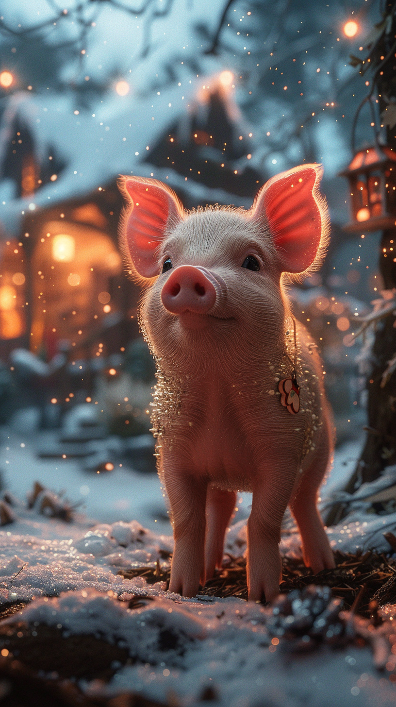 Baby Piglet in Snowy Winter Scene