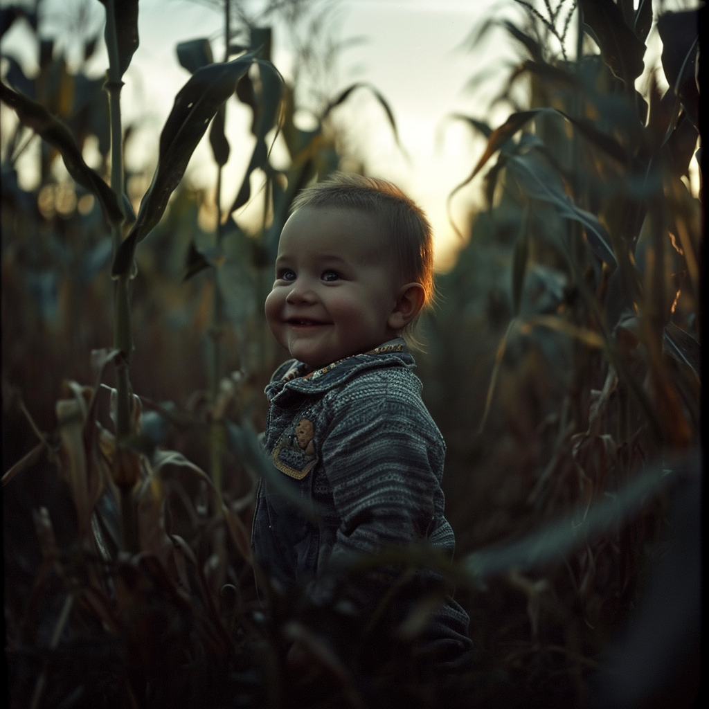 Cute baby playing in a corn field