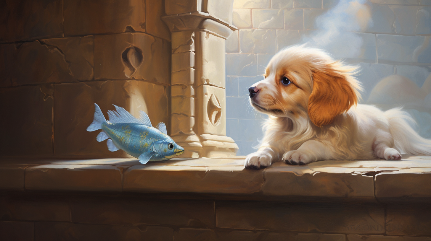 Baby puppy playing with fish in Disney castle