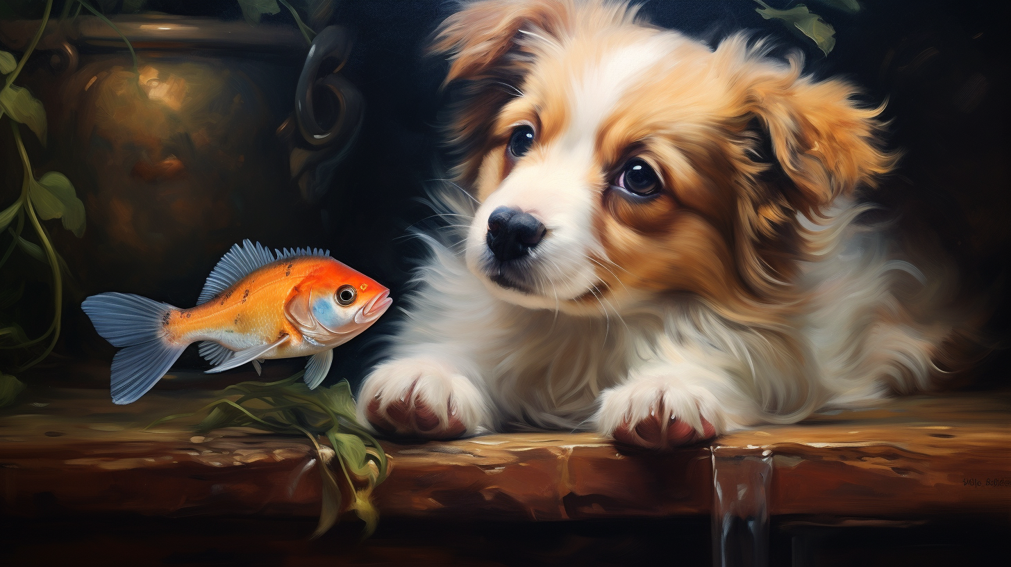 Cute baby puppy playing with a huge fish