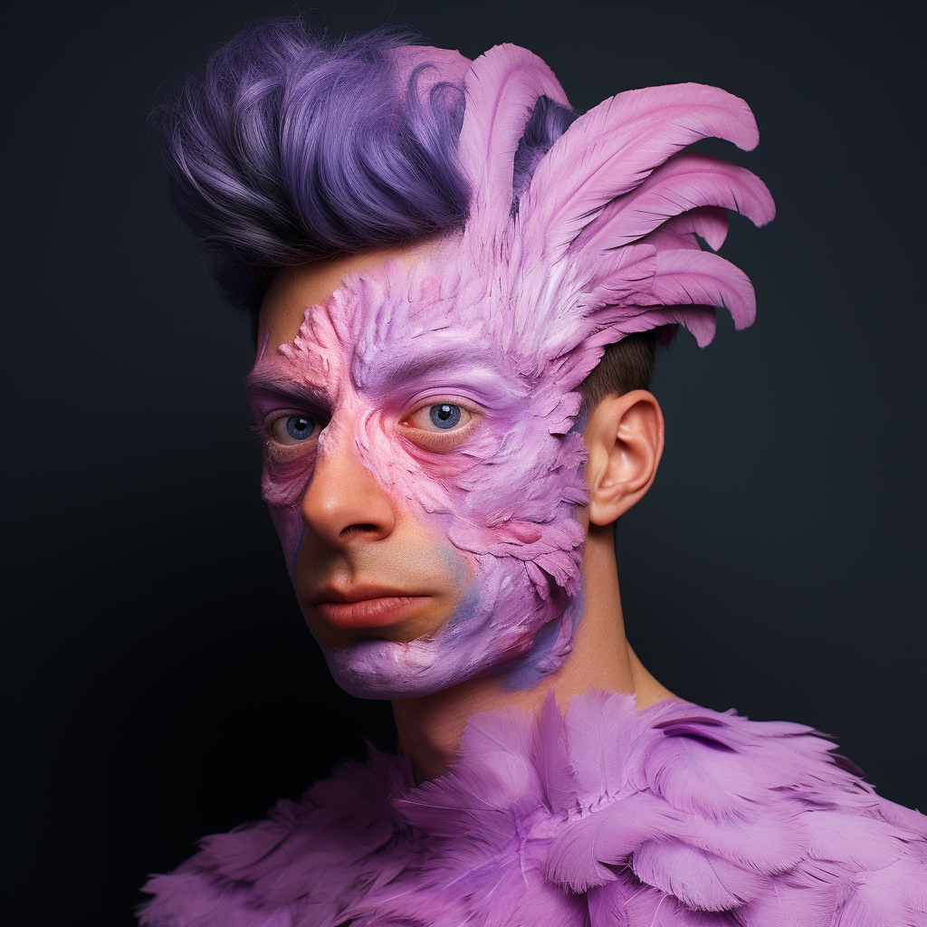 Man transforming into cute purple bird