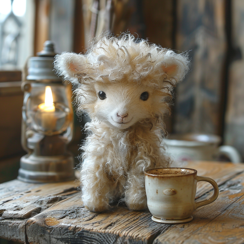 Cute baby sheep having coffee