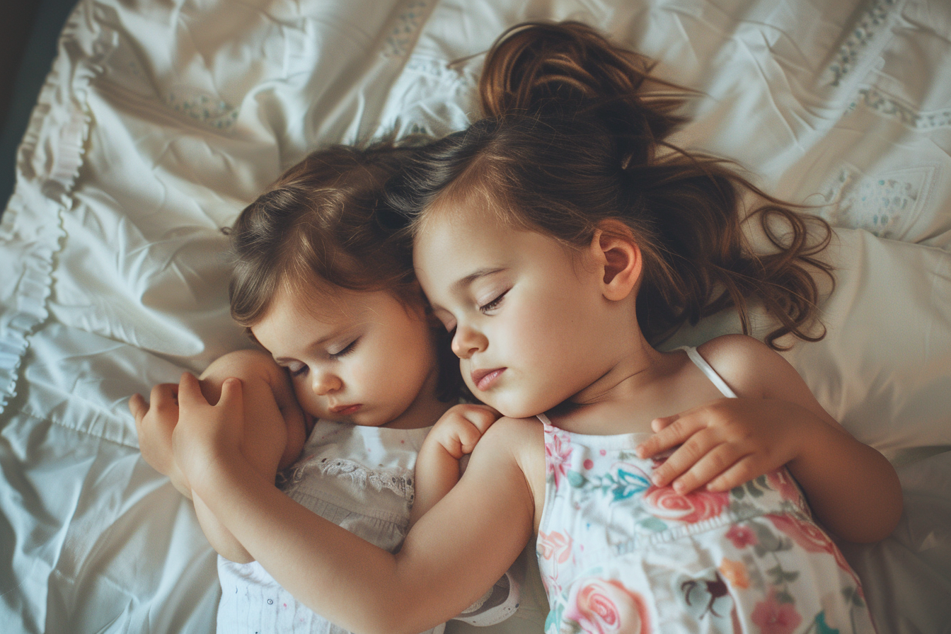 Toddler hugging newborn sibling bed