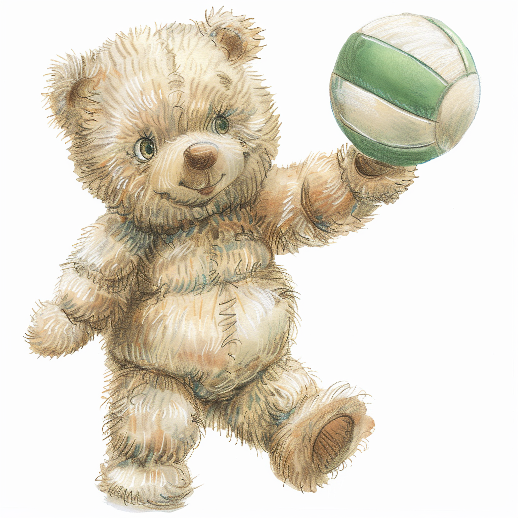 Smiling baby teddy bear playing volleyball