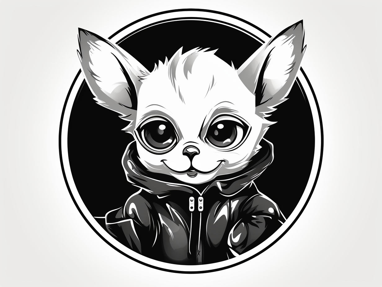 Black and white logo of mischievous Baby Yoda with cat's eyes