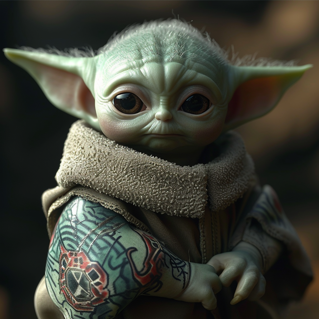 Baby Yoda giving tattoo to Elon Musk