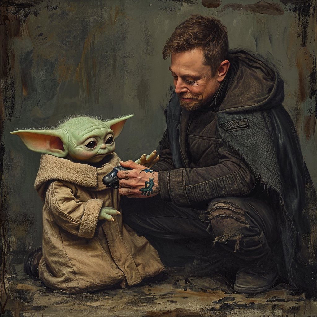 Adorable Baby Yoda giving tattoo to Elon Musk