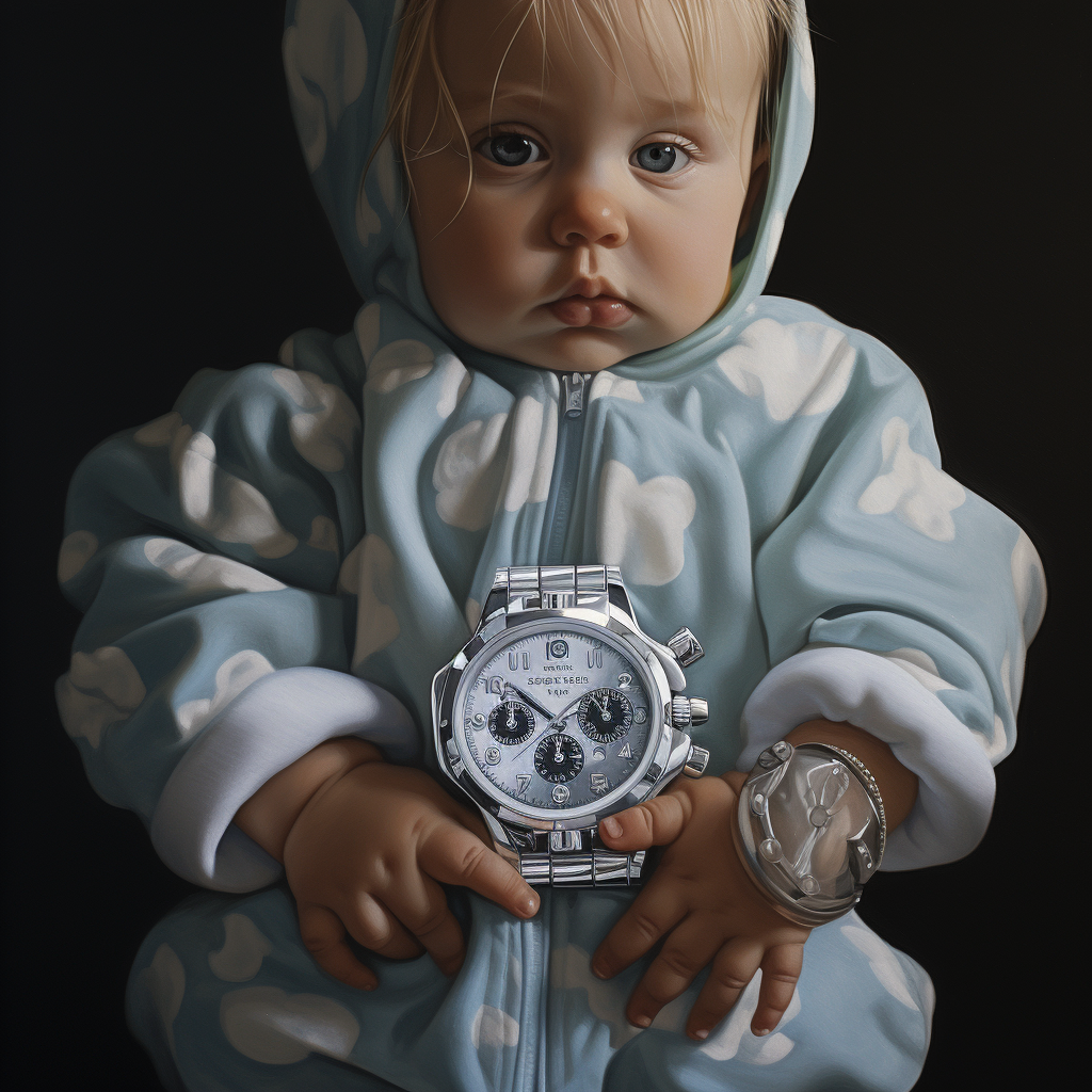 Adorable baby wearing Balenciaga onesie and Rolex watch