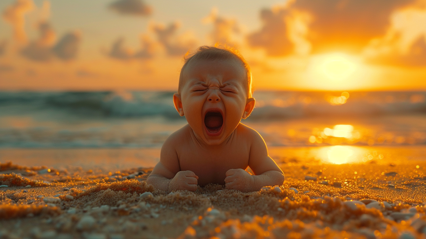 Baby on beach making face