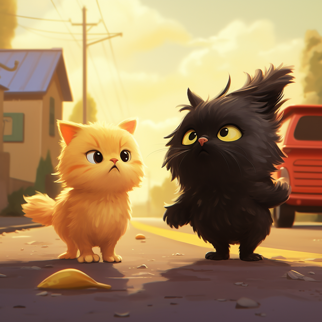 Animated baby chicken and cat on road