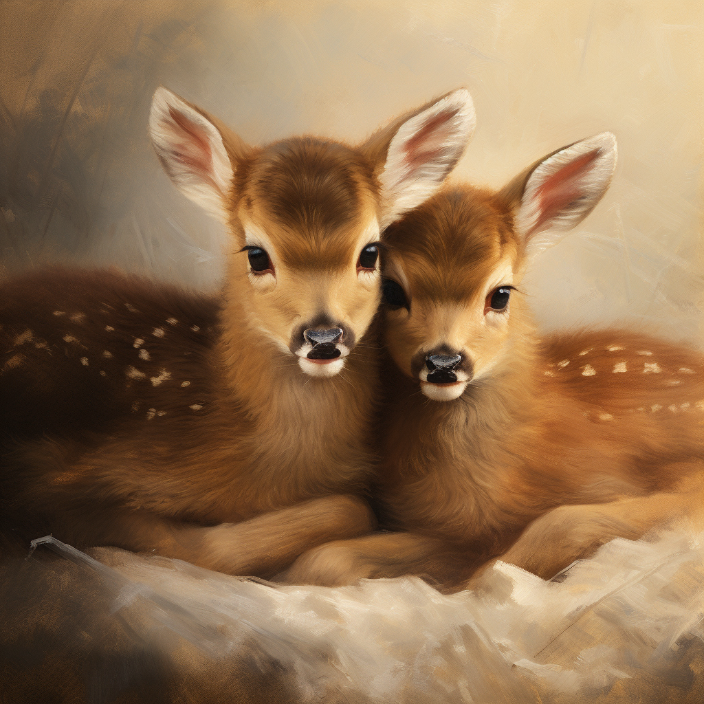 Two cute baby deers cuddling in Christmas painting