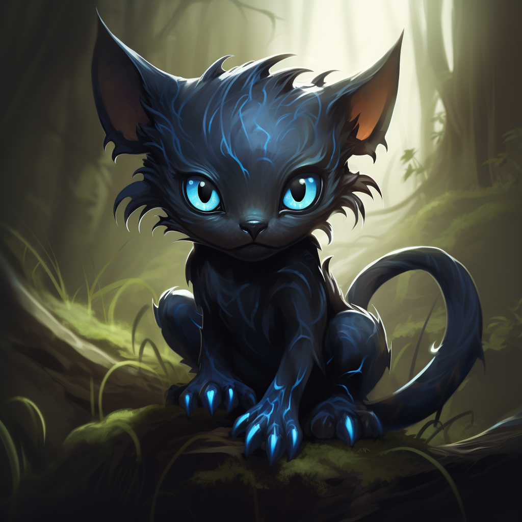 Cute baby displacer beast with blue eyes and three tails