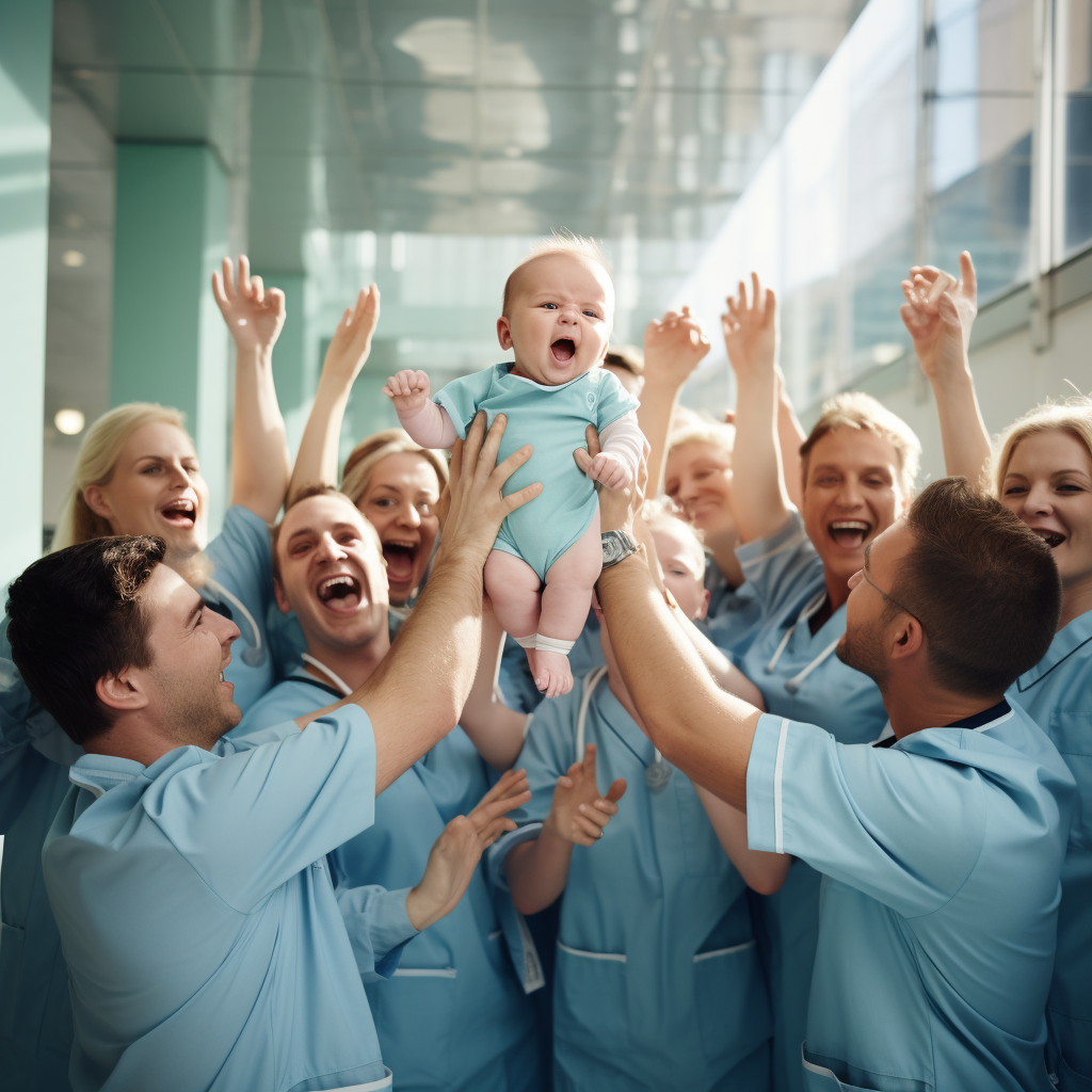 Happy baby surrounded by doctors and nurses