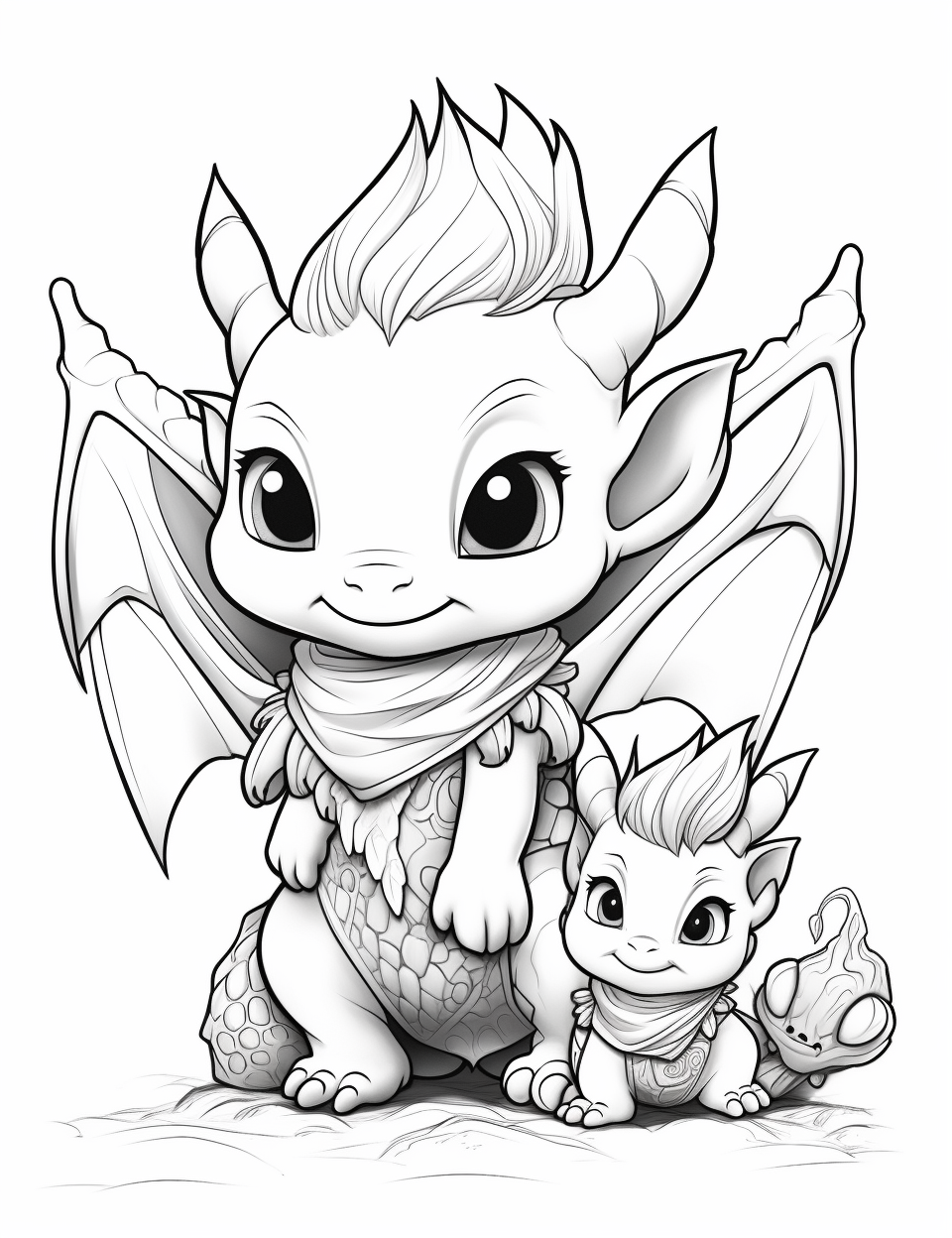 Cute baby dragon playing with friendly ogre