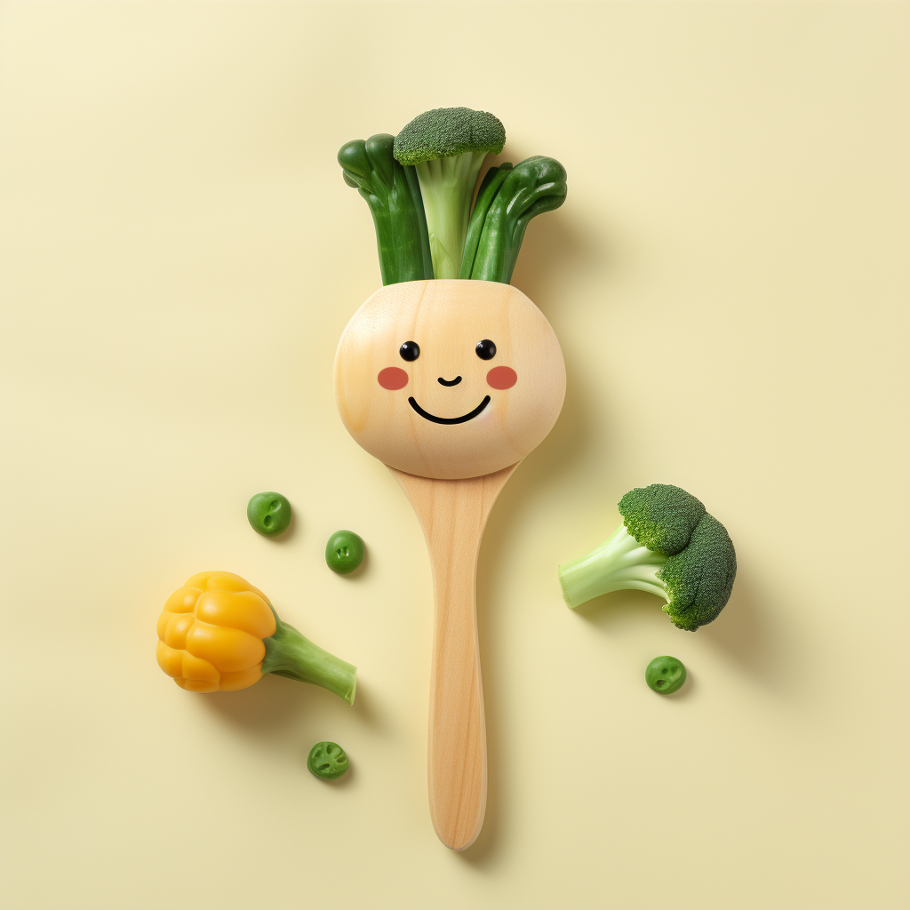 Baby with organic vegetables and wooden spoon