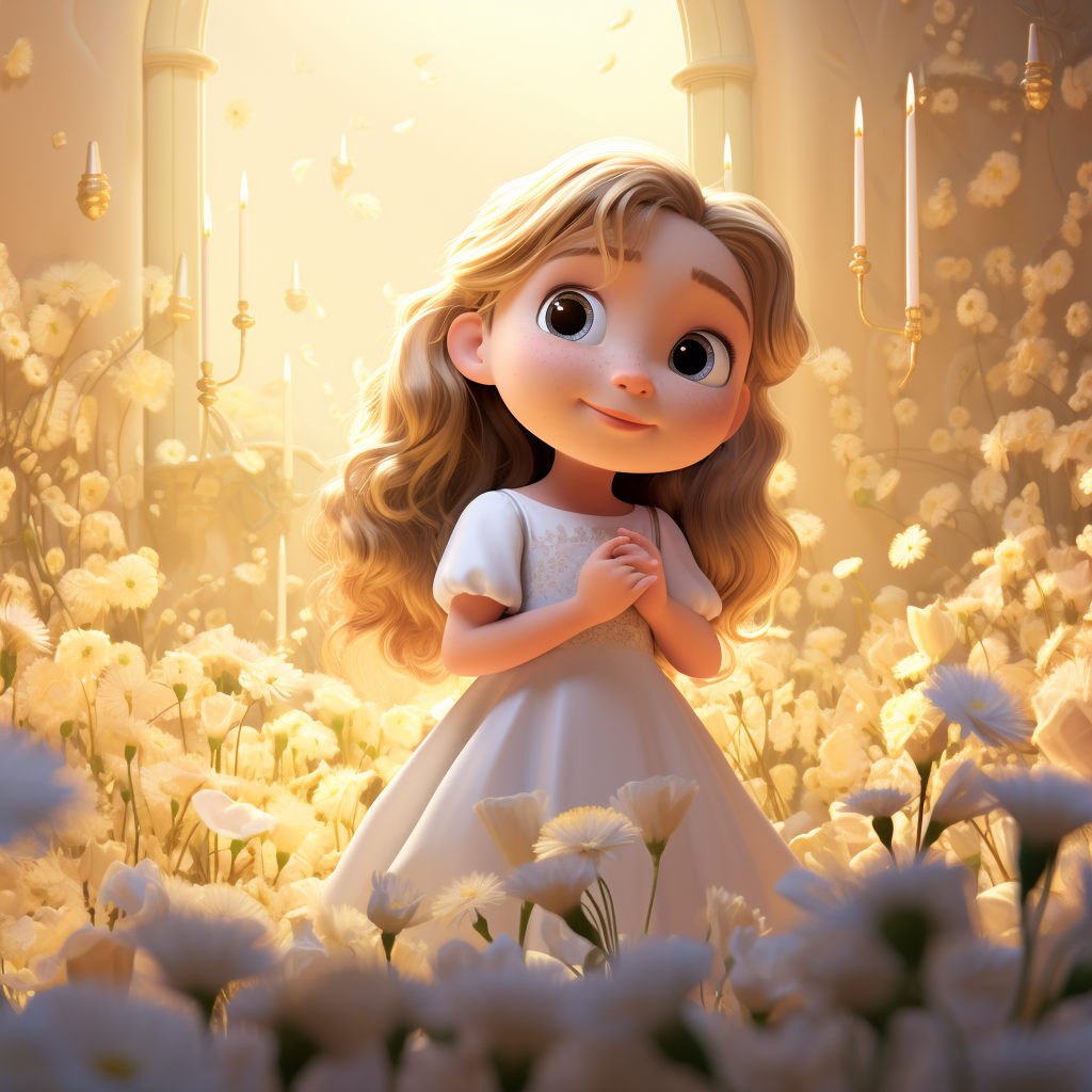 Cute baby girl in white dress surrounded by flowers