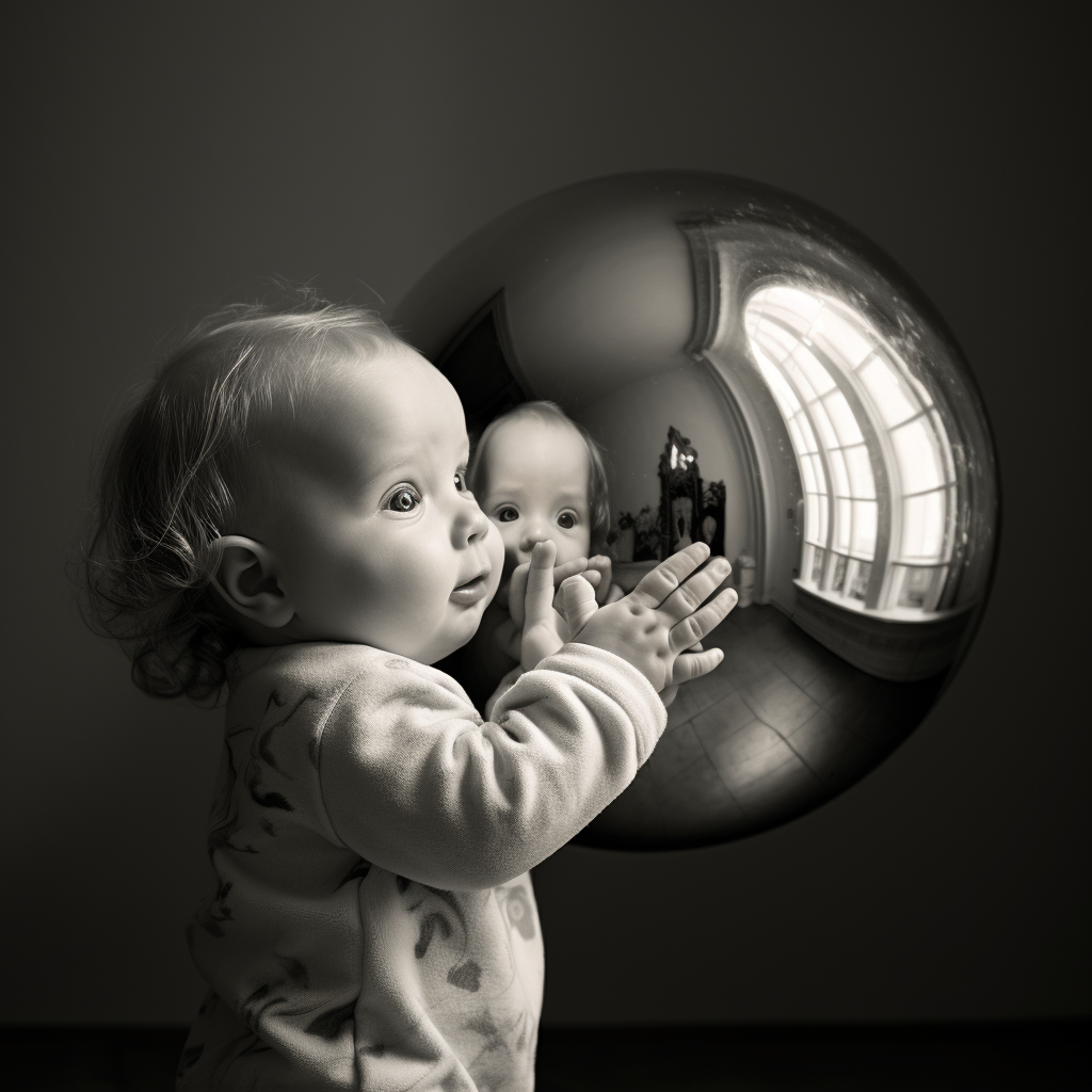 Cute baby with mirror sphere holding doll's head