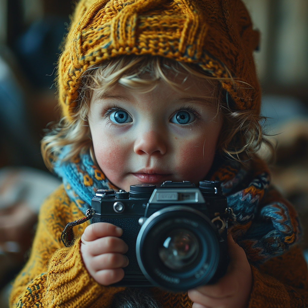 Adorable baby capturing memories with a photo camera