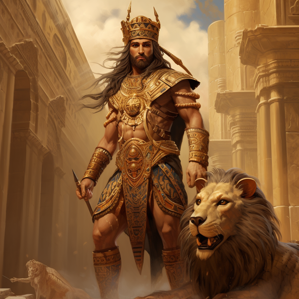 Powerful Babylonian superhero in ancient attire