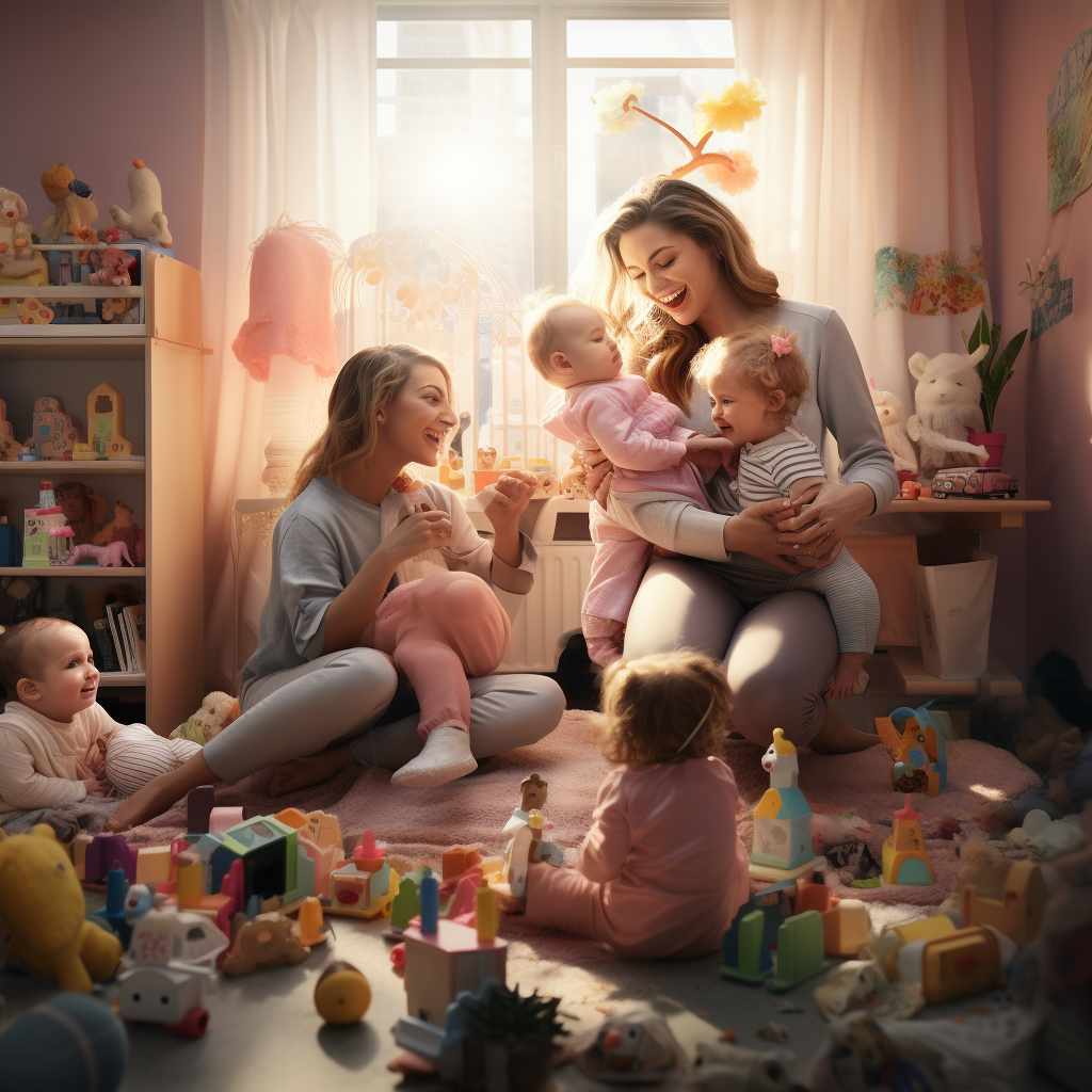 Young women happily babysitting with toys