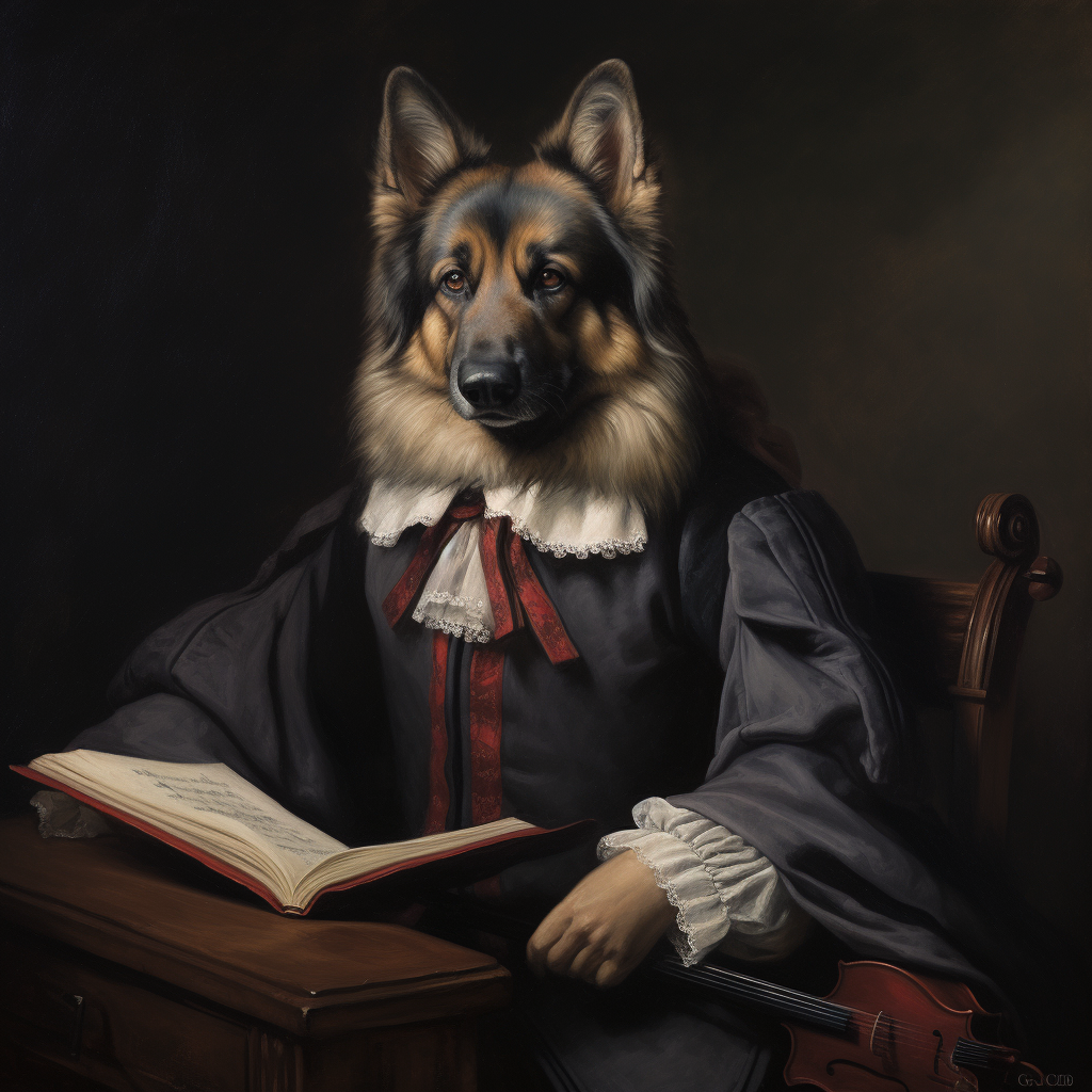 German Shepherd dressed as Bach