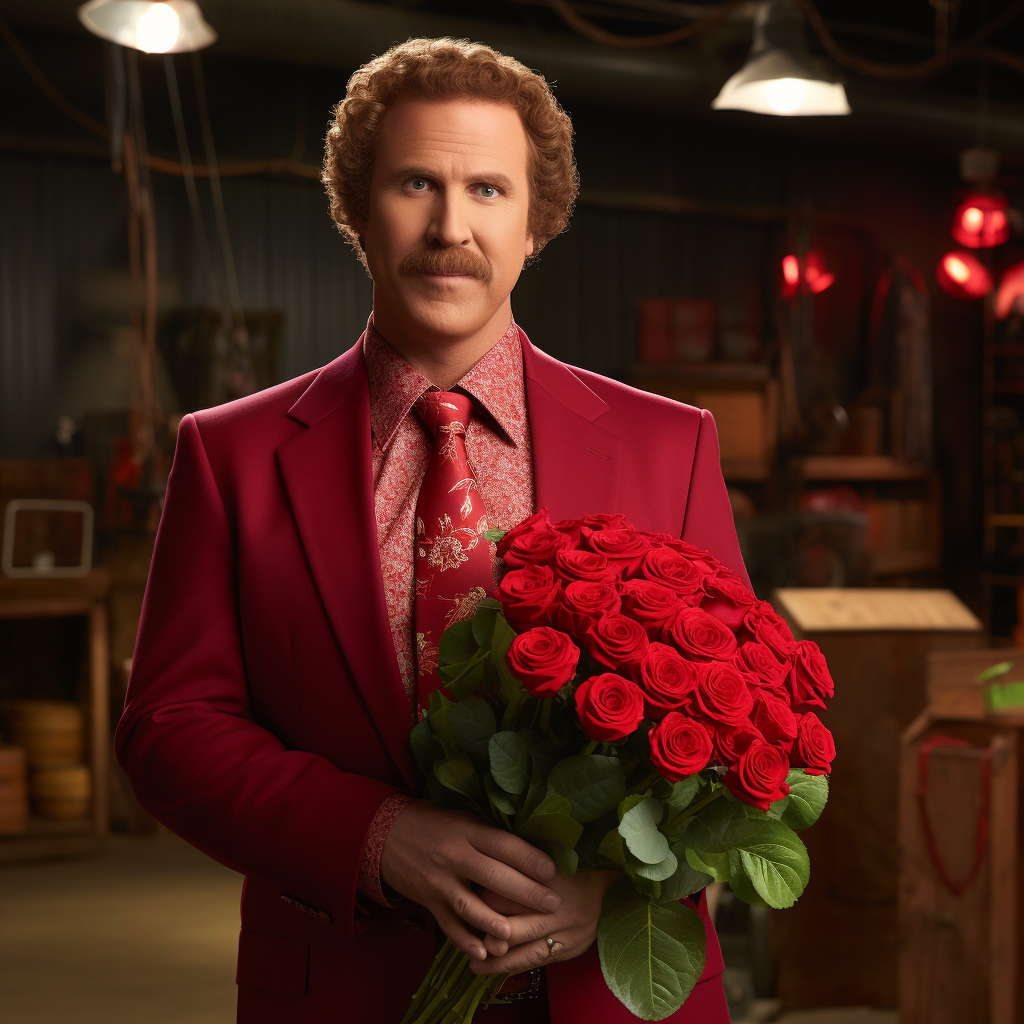 Will Ferrell as Ron Burgundy holding roses