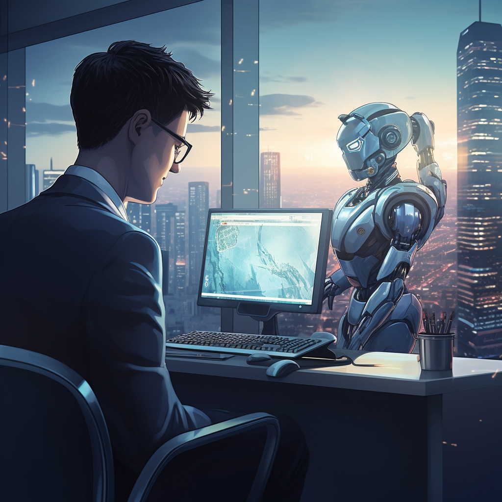 Developer assisted by humanoid in front of computer