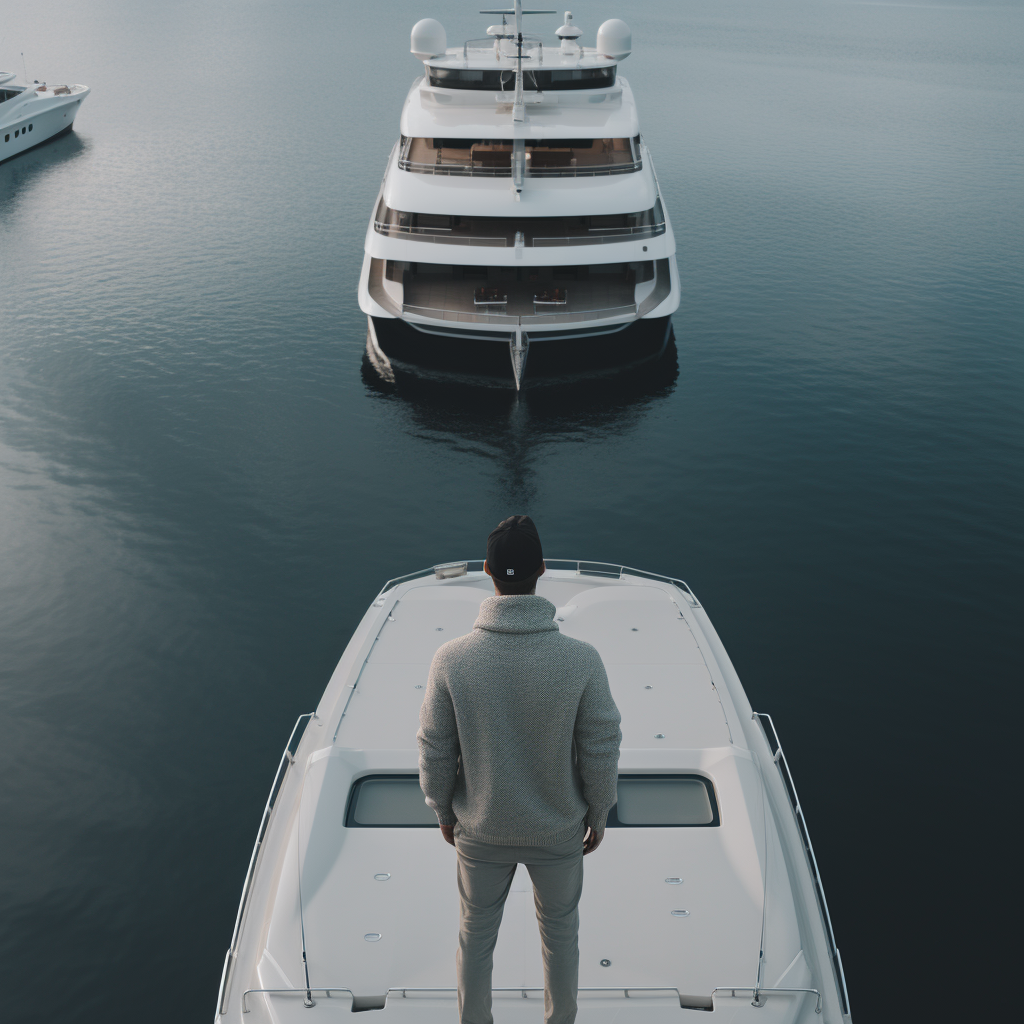 Man in Hoodie on Mega Yacht