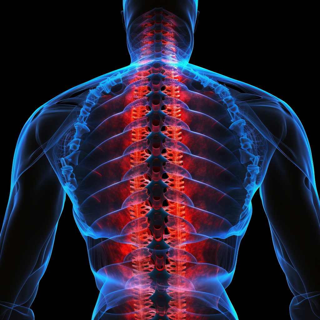 A blue and red x-ray image depicting back pain