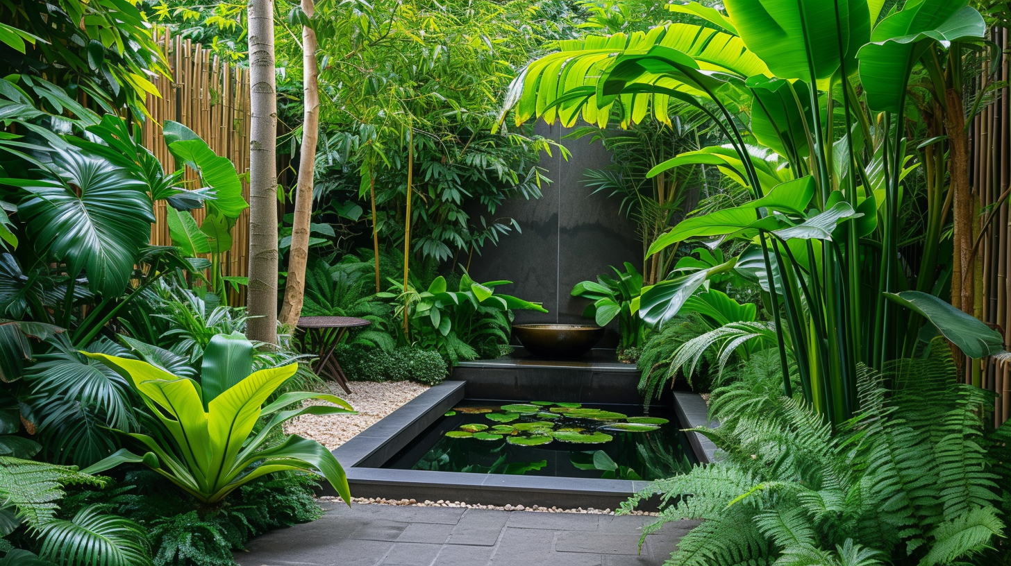 Tropical Design Garden with Water Feature and Lush Foliage