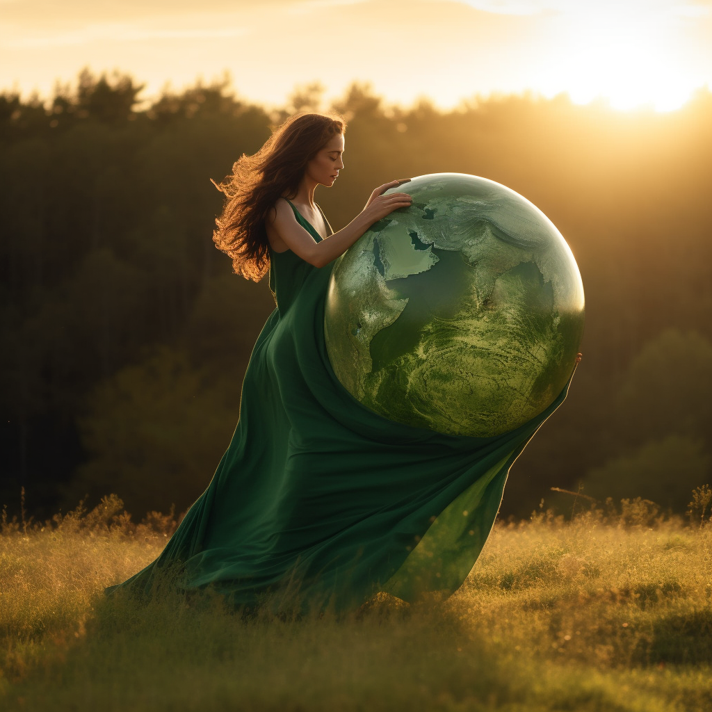 Woman lifting a globe in a backlit green dress