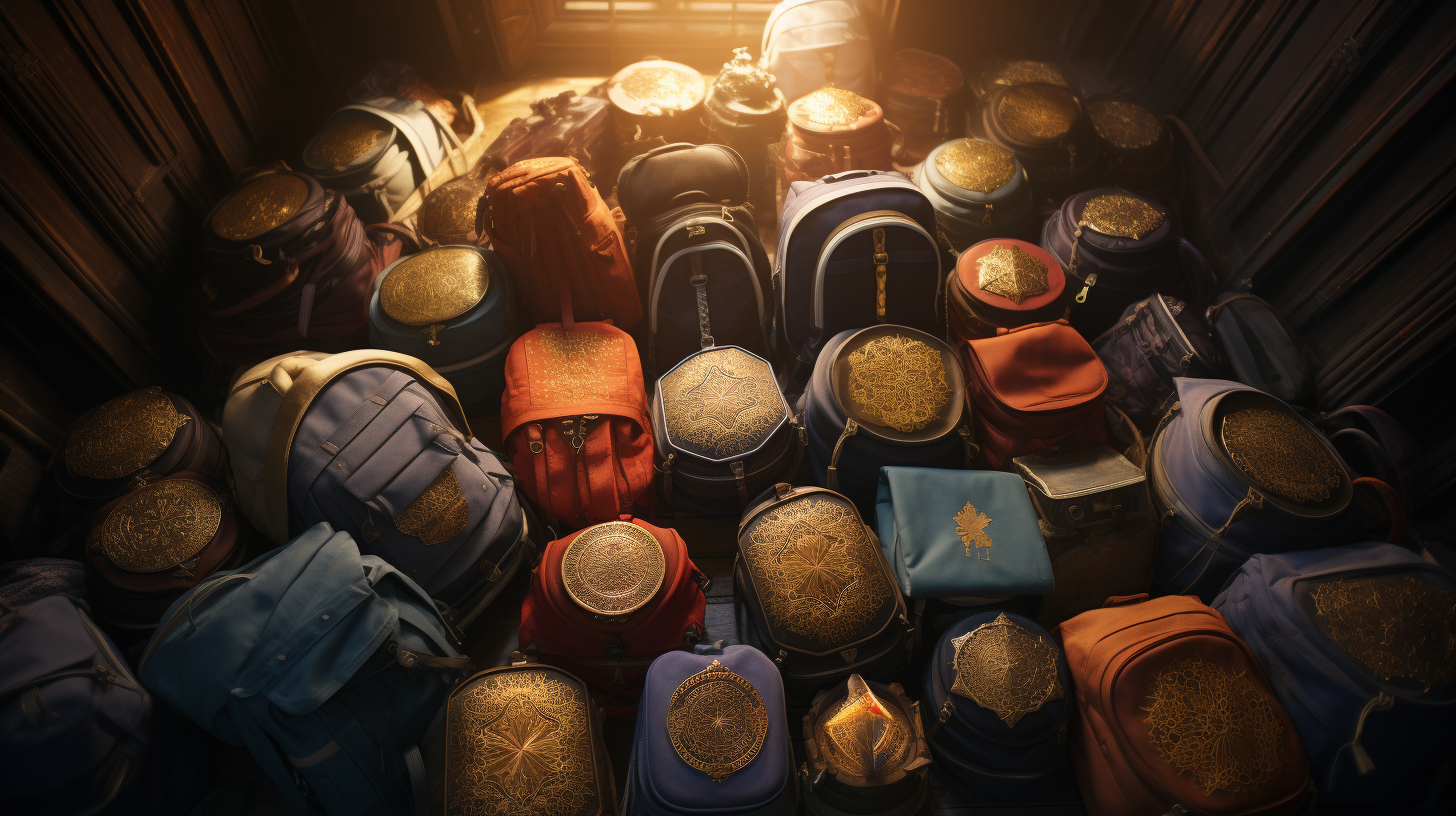 Assorted backpacks with glowing golden backpack