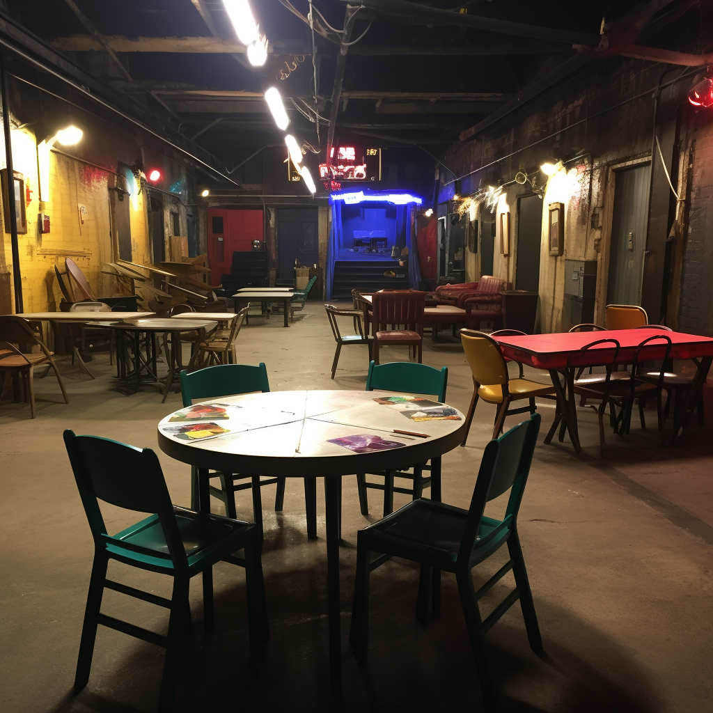 Tables and chairs in backstage holding area