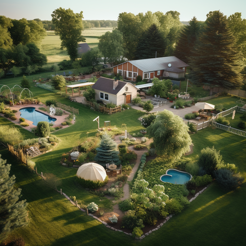 Aerial view of a charming backyard with farmhouse and animals